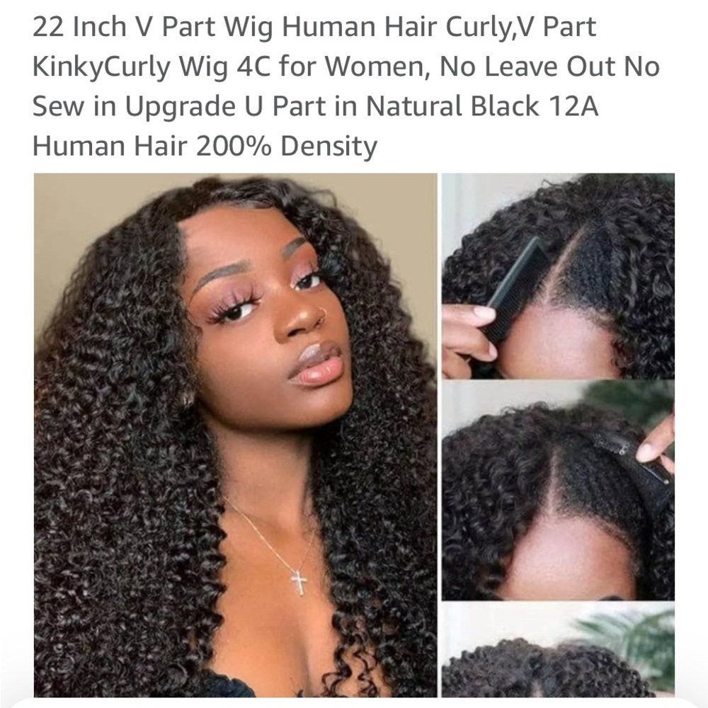 22 Inch V Part Wig Human Hair black curly